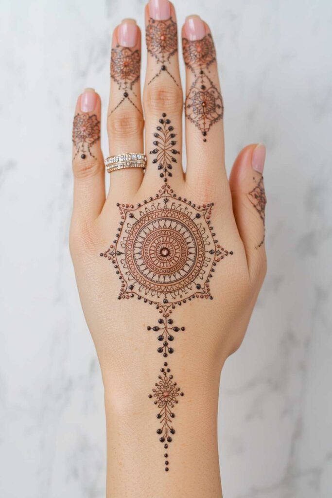 Geometric bridal back hand mehndi design with a detailed central mandala and symmetrical patterns
