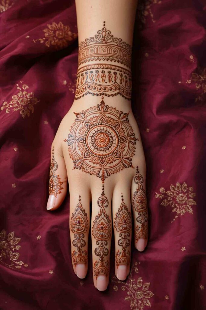 Royal bridal back hand mehndi design with a detailed mandala and intricate traditional motifs
