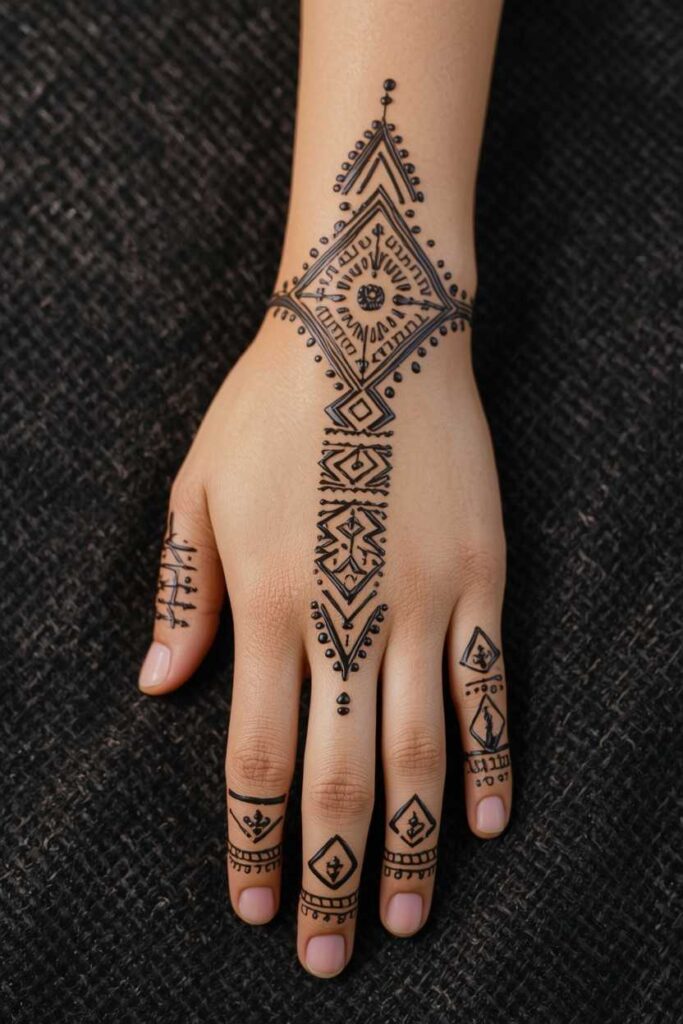 Tribal-inspired boys back-hand mehndi design with bold angular patterns.
