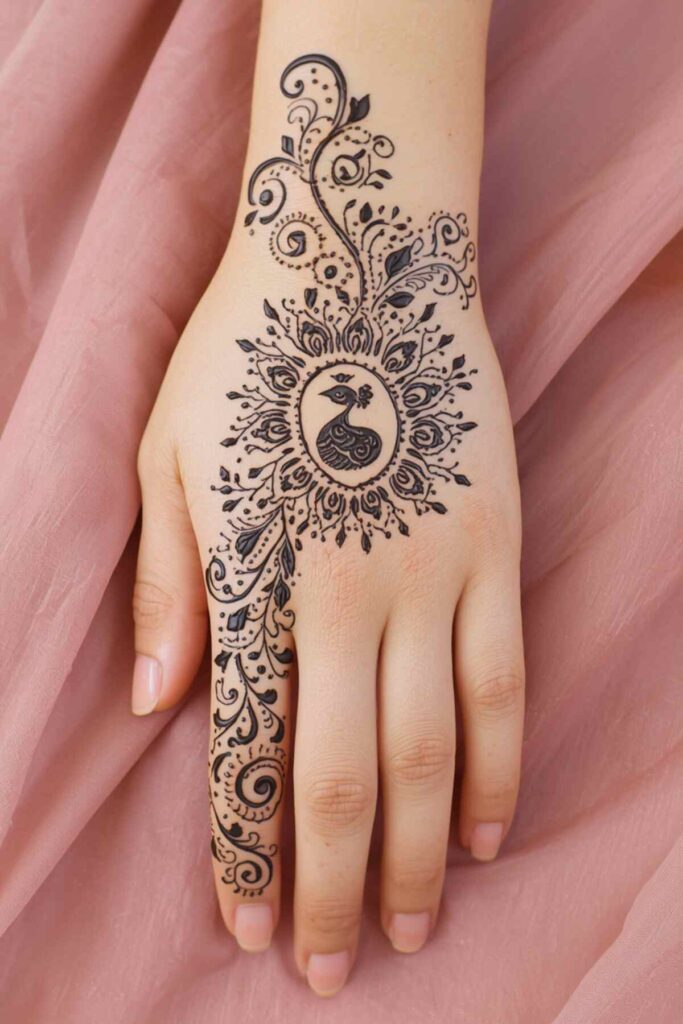 Peacock-inspired bridal back hand mehndi design with floral vines and detailed feather motifs
