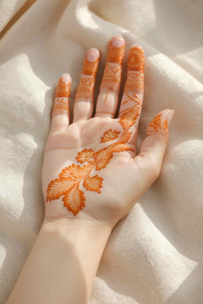 Natural henna design showing an orange-brown stain developing on a palm
