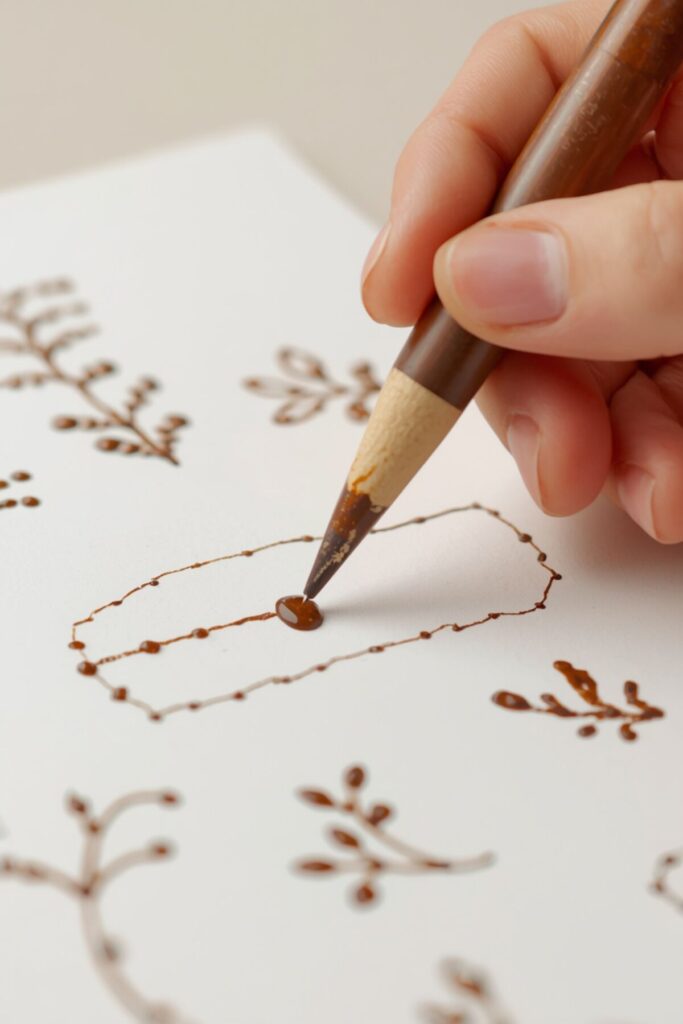 Homemade mehndi cone creating thin lines and simple patterns on practice paper
