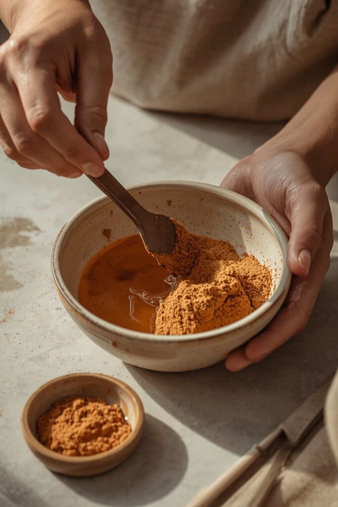 Natural henna powder and liquid being mixed into homemade mehndi paste
