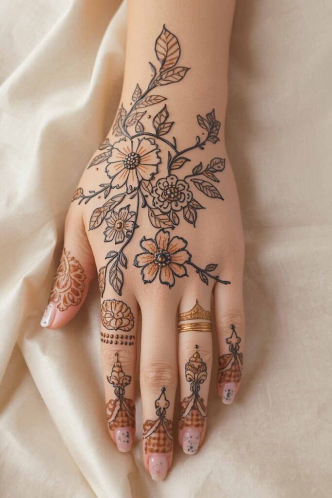 Full back hand bridal mehndi design with connected floral patterns from wrist to fingertips