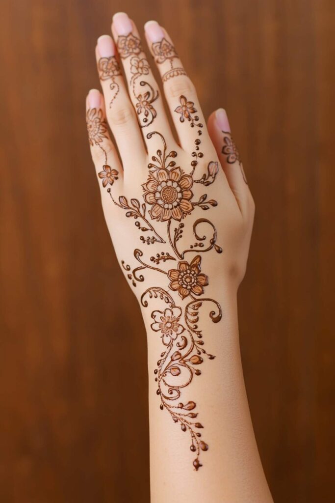 Arabic bridal back hand mehndi design with bold flowers and flowing diagonal leafy patterns
