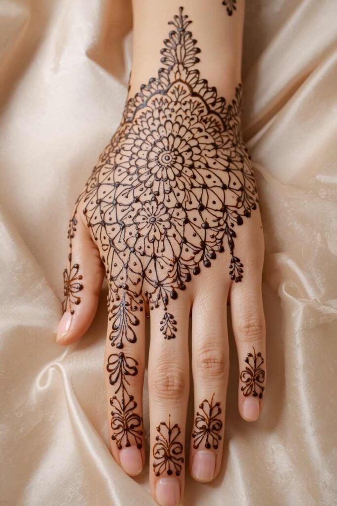Pakistani bridal back hand mehndi design with detailed floral jaal patterns and decorated fingertips
