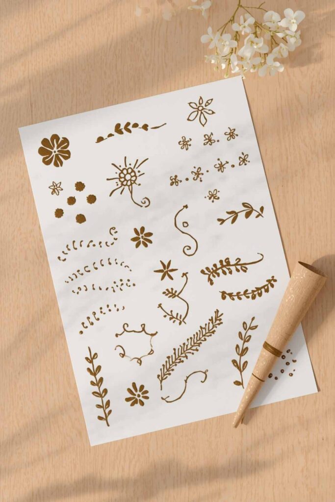 Simple flowers, leaves, dots, and vines drawn with a mehndi cone on practice paper
