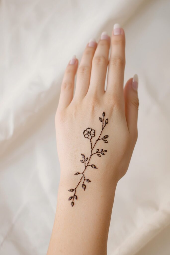 Simple bridal back hand mehndi design with delicate flowers, leaves, and open spacing
