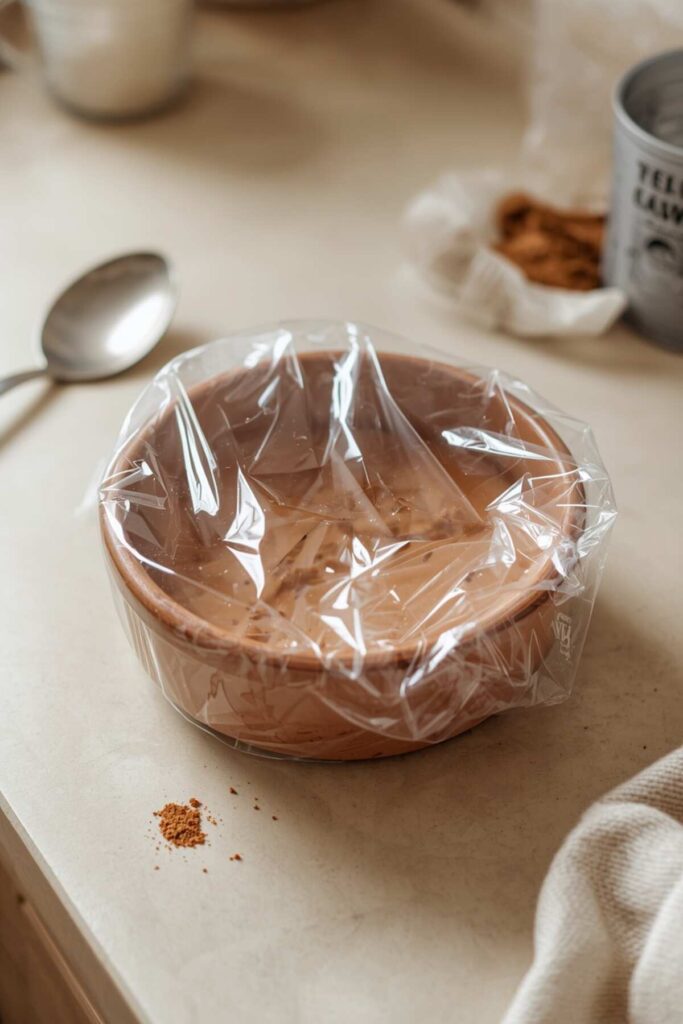 Bowl of homemade henna paste covered with plastic wrap for resting
