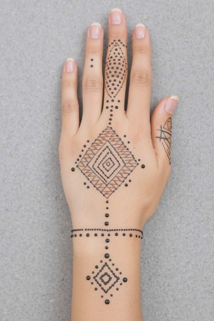  Geometric boys mehndi design back hand with diamonds and symmetrical lines.
