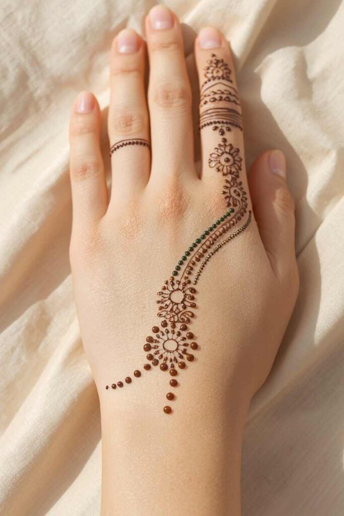  Easy boys back-hand mehndi design made with simple dots and lines.
