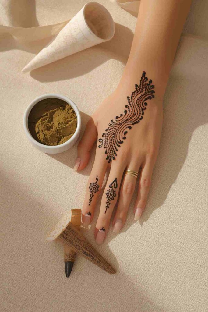 Natural henna powder, paste, cone, and mehndi design