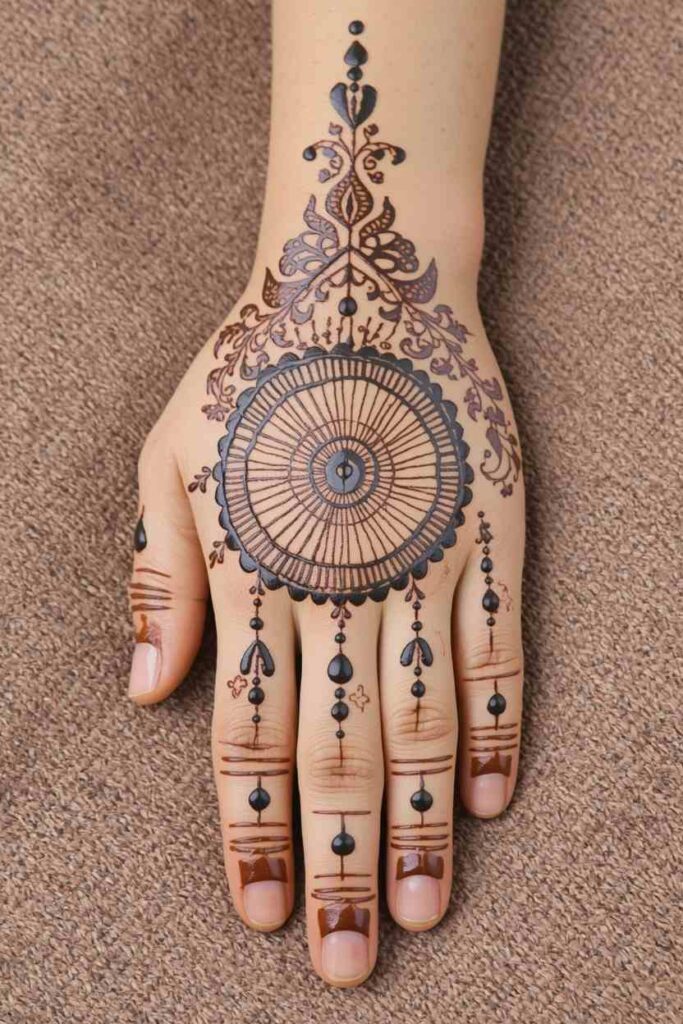  Bold boys mehndi design back hand with dark filled sections and thick outlines.
